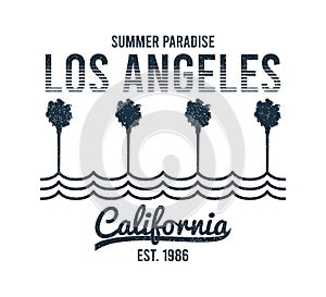 California, Los Angeles t-shirt design with palm trees and waves. Typography graphics for tee shirt with slogan and grunge.